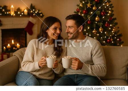 Happy Couple Sitting on Sofa with Christmas Tree Happy Couple Sitting on Sofa with Christmas Tree 132760585