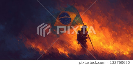 Brazilian Firefighter with Flag Amid Intense Rainforest Blaze 132760650