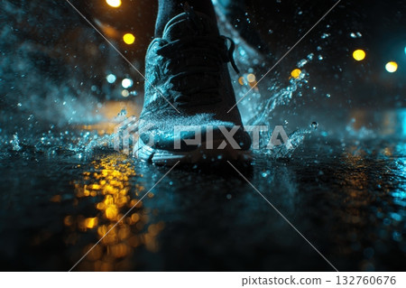 Close-up of Running Shoes Splashing on Wet Night Pavement 132760676