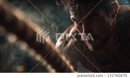 Intense Male Athlete Performing Battle Rope Exercise with Dramatic Lighting 132760678