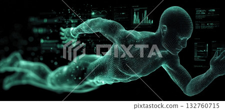 Futuristic Fitness Tracker Interface on Runner Silhouette with Real-Time Biometric Data Futuristic Fitness Tracker Interface on Runner Silhouette with Real-Time Biometric Data 132760715