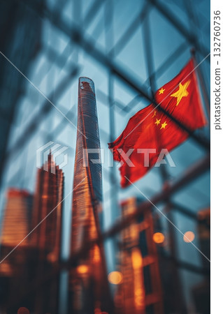 Chinese Flag Reflecting in Skyscraper Glass at Sunset in Shanghai Skyline 132760736