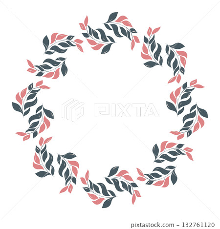 Floral wreath with pink and navy blue leaves on white background Floral wreath with pink and navy blue leaves on white background 132761120