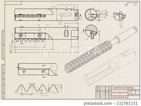 Mechanical engineering drawings on light background. Cutting tools, milling cutter. Technical Design. Cover. Blueprint. Horizontal seamless pattern. Vector illustration. 132761131