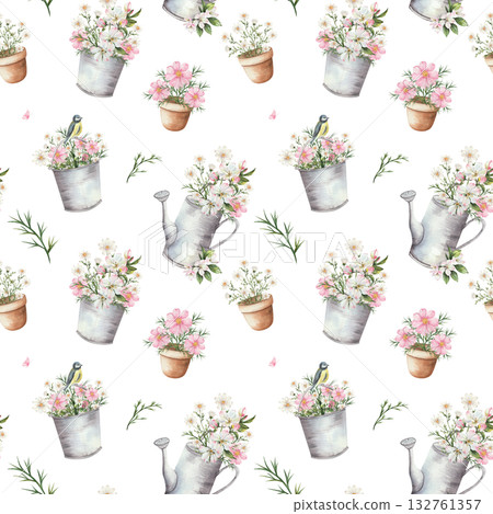 Seamless watercolor pattern with pink and white garden flowers in metal buckets, clay pots, watering cans. Apple blossom, chamomile, with small bird, butterfly. White background. 132761357