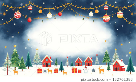 北歐風格的聖誕相框和雪景水彩插畫 132761393
