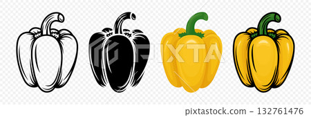 Yellow Bell Pepper Set, Vector Illustration. Flat Cartoon Hand Drawn Bell Pepper Icons. Color, Black and White Vegetable Clipart. Food Design Element. Fresh Organic Bell Pepper Yellow Bell Pepper Set, Vector Illustration. Flat Cartoon Hand Drawn Bell Pepper Icons. Color, Black and White Vegetable Clipart. Food Design Element. Fresh Organic Bell Pepper 132761476