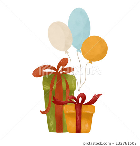 Gift boxes and balloons are a festive watercolor composition in autumn colors. They are yellow, green and blue, highlighted on a white background. It is a design element for printing, childrens prints Gift boxes and balloons are a festive watercolor composition in autumn colors. They are yellow, green and blue, highlighted on a white background. It is a design element for printing, childrens prints 132761502
