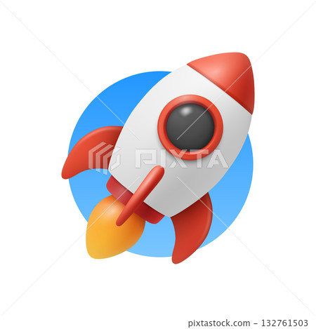 Vector 3d Red and White Rocket Launch Icon. Rocket Startup Badge in Blue Circle. Rocket Ship with Flame for Startup, Product Launch, Space, Mission, Web and Mobile Design Vector 3d Red and White Rocket Launch Icon. Rocket Startup Badge in Blue Circle. Rocket Ship with Flame for Startup, Product Launch, Space, Mission, Web and Mobile Design 132761503