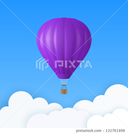 Vector Travel Banner with 3d Realistic Purple Hot Air Balloon Icon on a Blue Sky Background. Design Template, Summer Vacation, Travelling, Tourism and Journey Concept 132761898