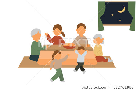 一家人在暖桌旁其樂融融的插圖 132761993