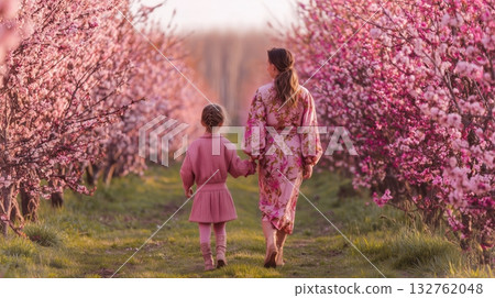 Spring scenery of a mother and daughter walking along a road lined with plum blossoms 132762048