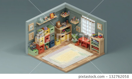 整潔玩具房的等距插圖 132762058
