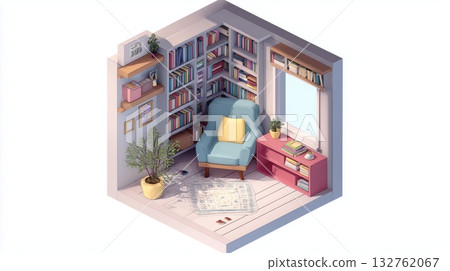Isometric illustration of a reading corner surrounded by bookshelves Isometric illustration of a reading corner surrounded by bookshelves 132762067