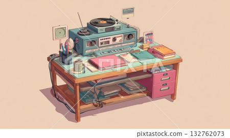 復古書桌插圖，附卡帶播放機和筆記本 132762073
