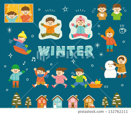 Winter Snow Children's Illustration Hand-drawn Snow Play Winter Holiday Set Design Material 132762211