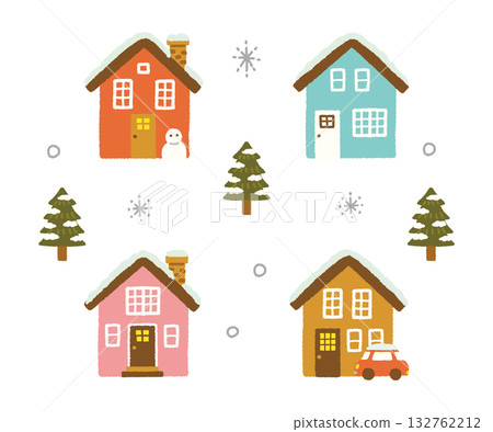 Snow house street winter scenery illustration hand-drawn simple Scandinavian style material 132762212