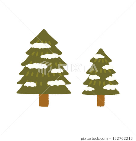 積雪覆蓋的樹木，冬季背景插圖，手繪簡約冷杉樹素材 132762213