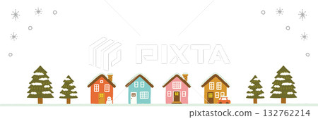 雪屋街道冬季風景背景插圖，手繪簡約北歐風格素材 132762214