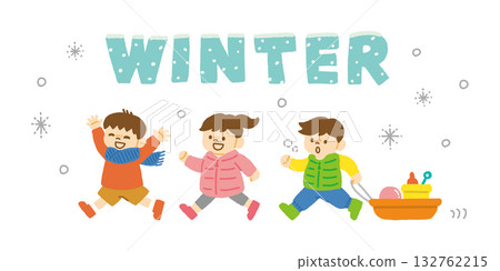 三個孩子在雪地裡奔跑玩耍，冬季手繪插圖 132762215