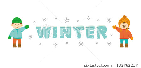 Children's winter logo illustration hand-drawn winter clothes knit hat down jacket smile winter material 132762217