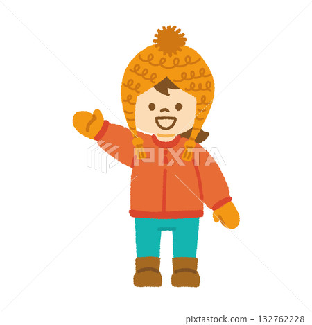 Winter clothes, girl, knit hat, down coat, boots, gloves, smile, illustration, hand-drawn 132762228
