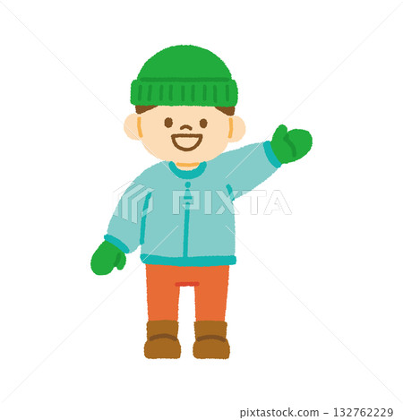 冬裝男孩針織帽羽絨衣靴子手套微笑插圖手繪 132762229