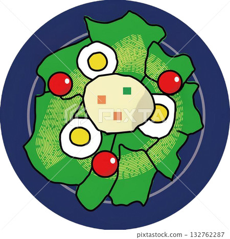 Illustration of a healthy green salad with potato salad and boiled eggs Illustration of a healthy green salad with potato salad and boiled eggs 132762287