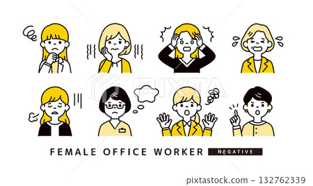 Avatar icon illustration material set of businesswomen and female employees with negative facial expressions and poses Avatar icon illustration material set of businesswomen and female employees with negative facial expressions and poses 132762339