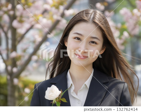 Cherry blossoms and smiling high school girls - Generative AI 132762414