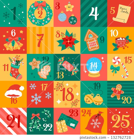 Christmas Advent calendar. Funny Xmas symbols, objects, and numbers 1 to 25. Vector illustration of holiday elements stocking, jingle bells, candy. Traditional December countdown for kids, children 132762728
