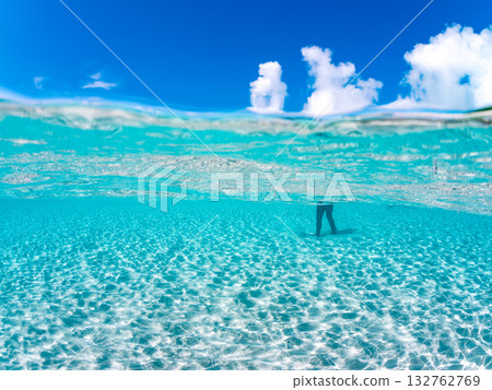 A half-surface shot of a white sand beach. Beautiful coral reefs and schools of tropical fish. Kabi Island, Zamami Island, Kerama Islands, Shimajiri District, Okinawa Prefecture 132762769