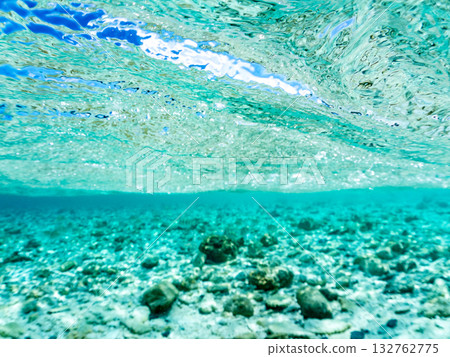 一張白色沙灘的半表面照片。美麗的珊瑚礁和成群的熱帶魚。沖繩縣島尻郡慶良間群島座間味島卡比島 132762775