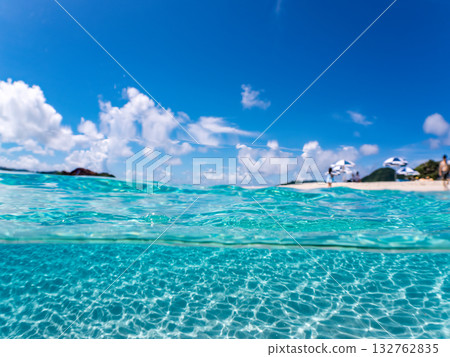 一張白色沙灘的半表面照片。美麗的珊瑚礁和成群的熱帶魚。沖繩縣島尻郡慶良間群島座間味島卡比島 132762835