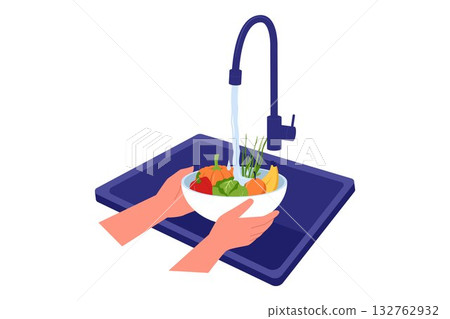 Vector Illustration of Washing Fruits and Vegetables 132762932