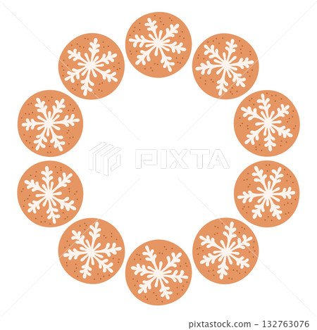 Simple gingerbread cookie festive round frame with Christmas decor. The simple vector design perfect for Christmas and New Year decorations or holiday greetings. 132763076