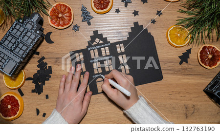 Christmas Gingerbread Village Paper black House Sustainable preparation Diy process of making handmade decoration. Step by step activity for children. Inclusive and responsible stress relief holiday 132763190