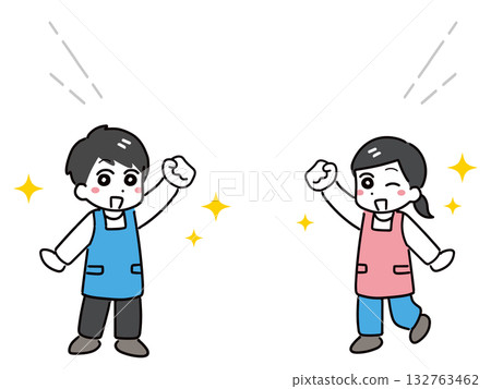 Male and female staff members (full body) introducing themselves with simple speech bubbles and aprons Male and female staff members (full body) introducing themselves with simple speech bubbles and aprons 132763462