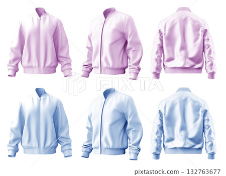 2 Set of pastel violet blue purple, unisex bomber jacket with full zip zipper collar, front back side view on transparent background cutout, PNG file. Mockup template 132763677