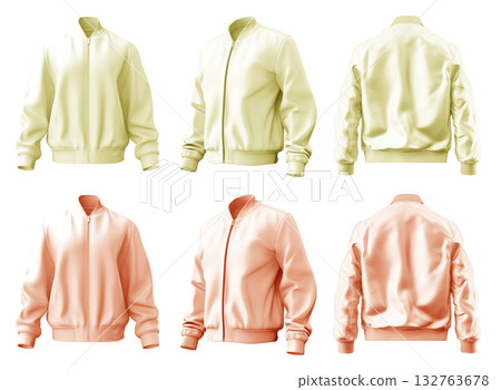 2 Set of pastel orange yellow, unisex bomber jacket with full zip zipper collar, front back side view on transparent background cutout, PNG file. Mockup template 132763678