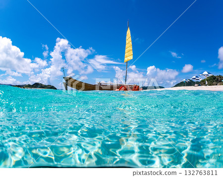 沖繩縣佐波尼島及白沙灘的部分水下照片。美麗的珊瑚礁和成群的熱帶魚。地點：沖繩縣慶良間群島加比島，島尻郡 132763811