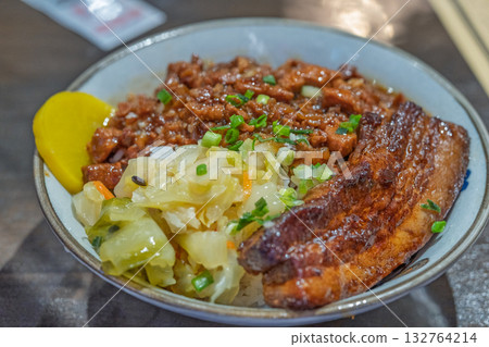 Taiwanese braised pork rice with large chunks of char siu pork 132764214