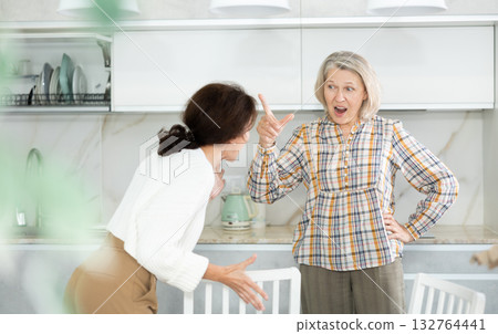 Relatives quarrel in the kitchen - adult daughter quarrels with an elderly mother Relatives quarrel in the kitchen - adult daughter quarrels with an elderly mother 132764441