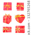 Red gift box with gold ribbon watercolor illustration 132765268