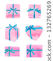 Pink gift box with a light blue ribbon, watercolor illustration 132765269