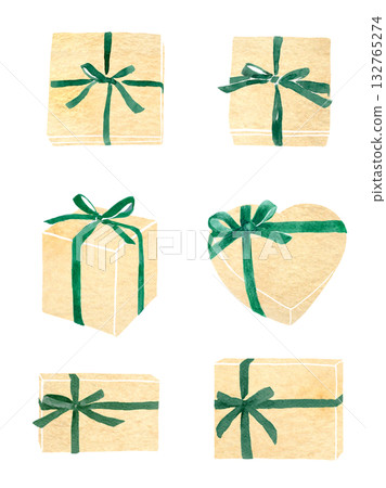 A gift box with a green ribbon, watercolor illustration 132765274