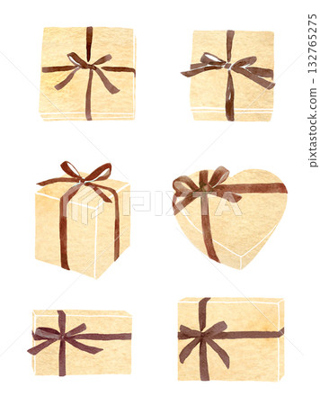 Brown ribbon gift box watercolor illustration Brown ribbon gift box watercolor illustration 132765275