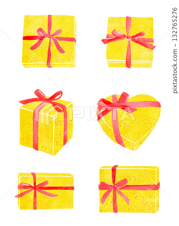 Golden gift box with red ribbon watercolor illustration Golden gift box with red ribbon watercolor illustration 132765276