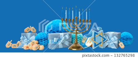 Menorah with lit candles surrounded by blue gifts and dreidels Menorah with lit candles surrounded by blue gifts and dreidels 132765298