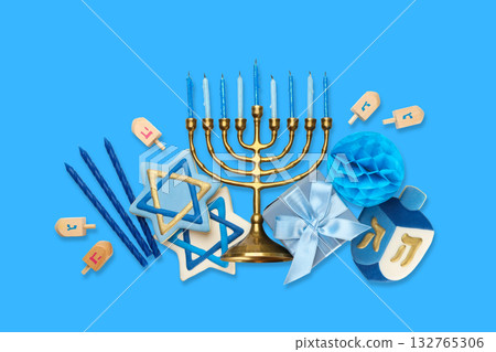 Cozy Hanukkah scene: gold menorah, dreidels, blue decor 132765306